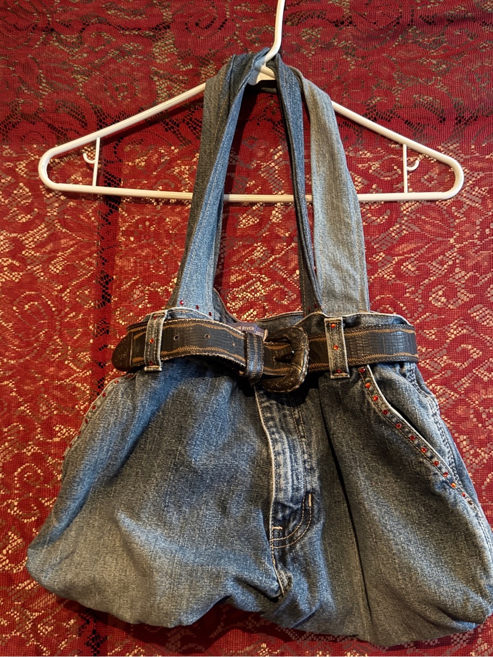 Upcycled Y2K Denim Purse Tote Bag Canyon River Blues Jean Bag Western Rhinestone